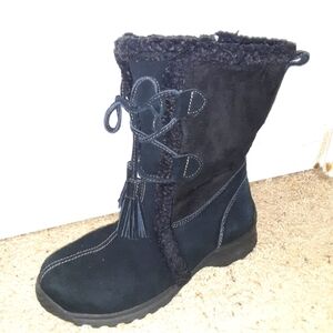 Lands End Winter Boots Womens 9D Black Suede Faux Fur Trim Lace Up 251033